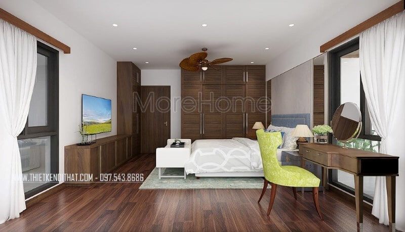 Vẻ đẹp hoàn hảo của Phòng Ngủ Master gỗ óc chó được tôn lên bởi Sàn gỗ, bộ bàn ghế trang điểm, tủ quần áo, kệ tivi và cửa gỗ, trở thành điểm nhấn của căn phòng.