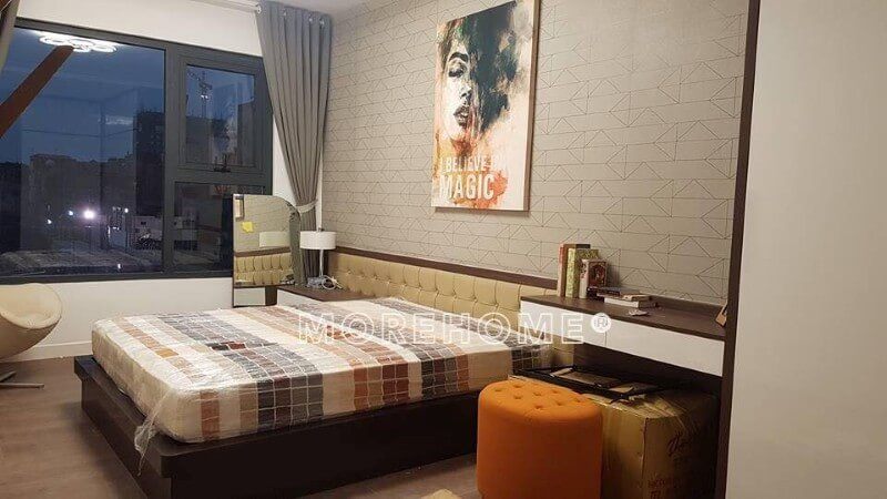 Hình ảnh thực tế của việc thi công nội thất phòng ngủ theo phong cách hiện đại được thực hiện tại căn hộ chung cư Imperia sky garden Hà Nội.